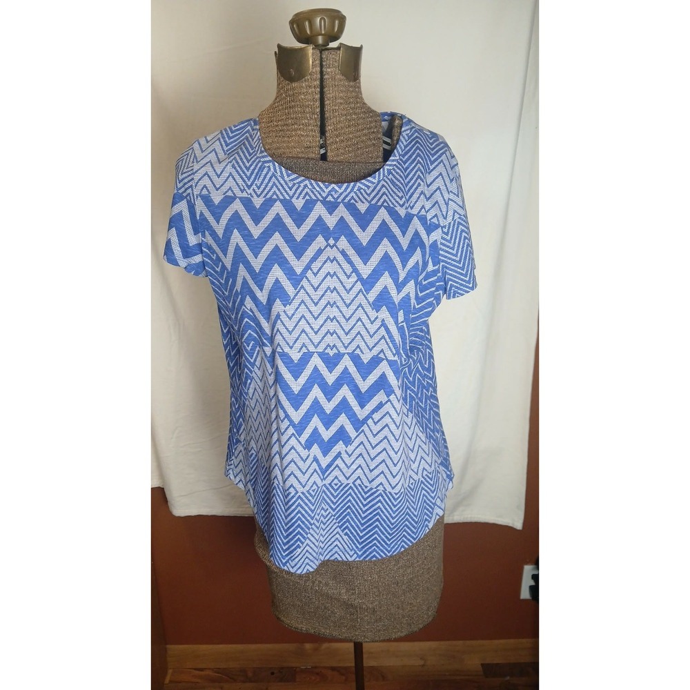 Chicos Blue White Chevron Geometric Cotton Short Sleeve Top Size 1 Medium